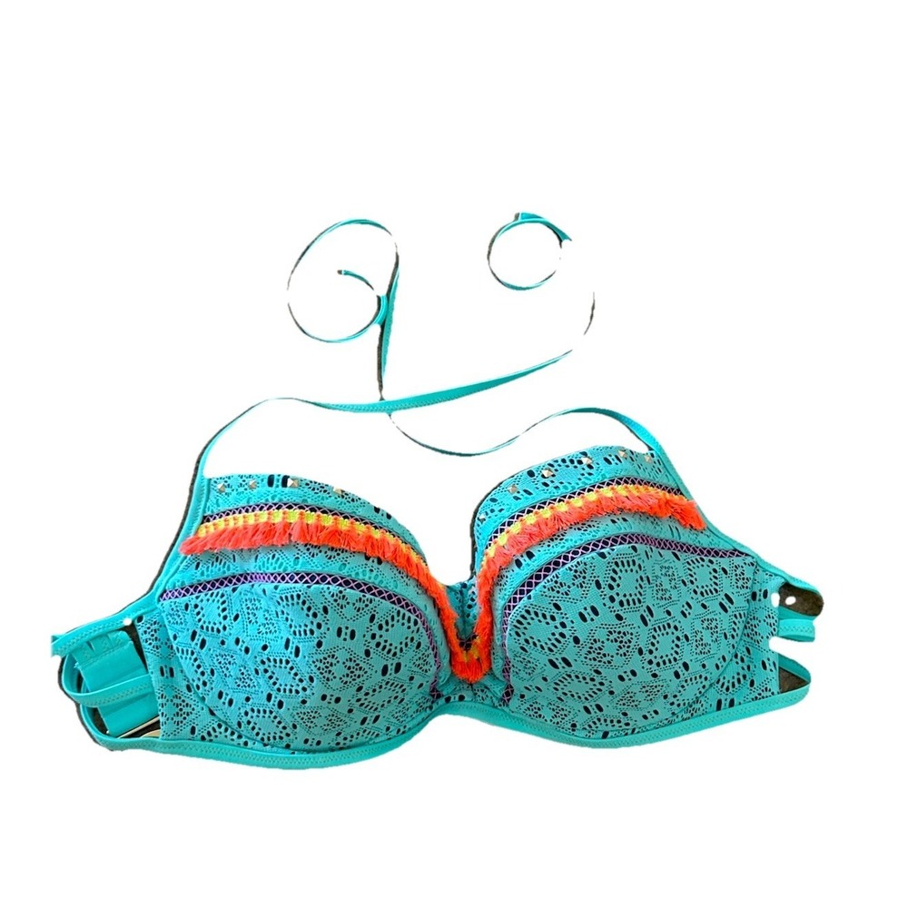 Women's Shade &Shore Swim Bikini Top 36 DD Crochet Boho Chic Turquoise Underwire